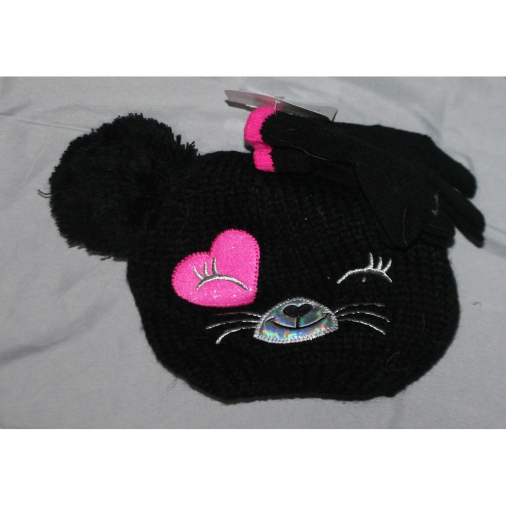 Cat Black Beanie Hat W/ Ears & Gloves Set
